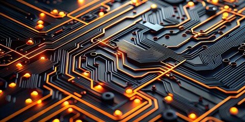 Poster - Circuitry Symphony: A close-up shot of a complex circuit board, its intricate copper tracks and glowing LEDs create a mesmerizing pattern, symbolizing the interconnectedness of technology and the flow