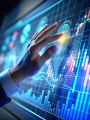 Poster - Navigating the Digital Marketscape: A businessman's hand interacts with a vibrant, futuristic display of financial data, symbolizing the power of technology in making strategic decisions.