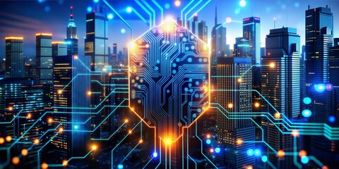 Poster - Cyberpunk Metropolis: A futuristic cityscape pulses with energy as a towering skyscraper, transformed into a colossal circuit board, illuminates the night with digital brilliance. 
