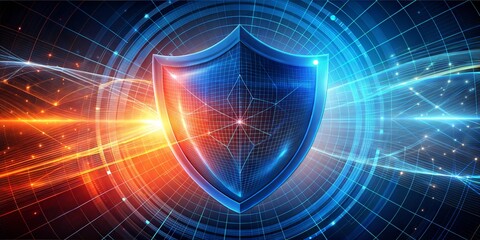 Poster - Cyber Shield: A futuristic shield glows against a digital backdrop, representing cybersecurity and data protection in the digital age. 