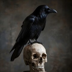 Wall Mural - Raven Perched on Skull   Detailed Feathers and Bones Dark and Symbolic Death Concept