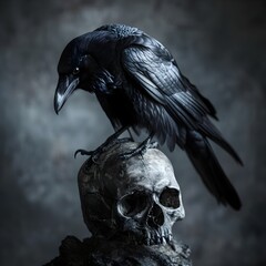  Raven Perched on Skull Detailed Feathers and Bones Dark and Symbolic Death Concept