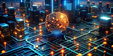 Poster - Cyberpunk Metropolis: A futuristic cityscape pulses with energy as a towering skyscraper, transformed into a colossal circuit board, illuminates the night with digital brilliance. 