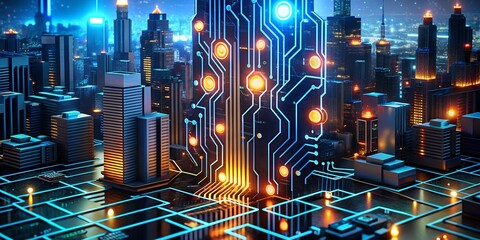 Poster - Cyberpunk Metropolis: A futuristic cityscape pulses with energy as a towering skyscraper, transformed into a colossal circuit board, illuminates the night with digital brilliance. 