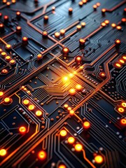 Poster - Glowing Circuitry:  A mesmerizing abstract image of a central processor unit surrounded by glowing orange lights, set against a backdrop of intricate grey circuit board patterns. 
