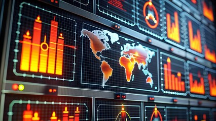 Poster - Cybernetic Data Wall: A mesmerizing wall of monitors displaying intricate data graphs and cryptocurrency icons, pulsing with vibrant neon hues.  The image evokes a sense of technological advancement 