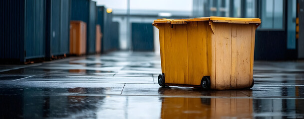 yellow two wheeled transportation bin outside of building on wet surface,