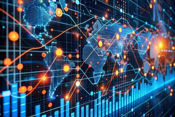 Poster - Global Network: A vibrant visualization of a world map overlaid with intricate data streams, glowing nodes, and dynamic charts, symbolizing interconnectedness, data flow, and global communication.  