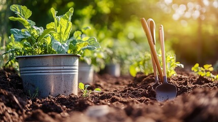 Poster - gardening tools in garden