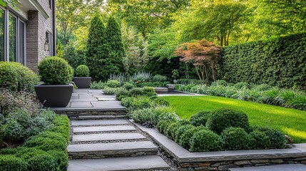 Sticker - Neatly landscaped garden with rectangular stone beds and assorted shrubs. 