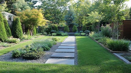 Canvas Print - Neatly landscaped garden with rectangular stone beds and assorted shrubs. 