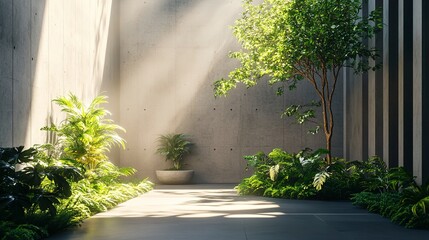 Canvas Print - Peaceful garden within modern concrete architecture with sunlight and greenery