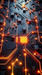 Poster - Circuitry Glow:  A mesmerizing close-up of a glowing, intricate circuit board, with warm orange lights illuminating the complex network of pathways, highlighting the beauty and power of technology. 