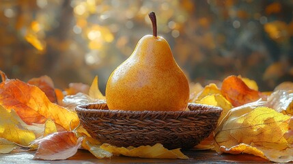 Wall Mural - a golden pear sits elegantly on a cermic dish surrounded by yellow autumn leaves