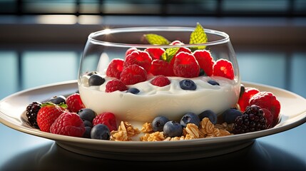 Poster - Bowl of yogurt and fruit muesli, food on a blue background full of dynamism and energy  