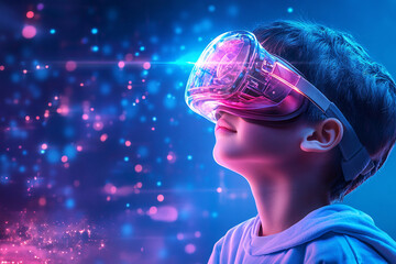 A boy wearing a virtual reality headset is looking at a colorful background. Concept of excitement and wonder as the boy explores a new world through the VR headset