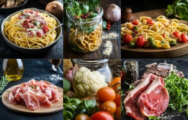 Wall Mural - A collage of different photos featuring various Italian dishes, including pasta with carbonara sauce and prosciutto, salad in a glass jar, meat and vegetables.