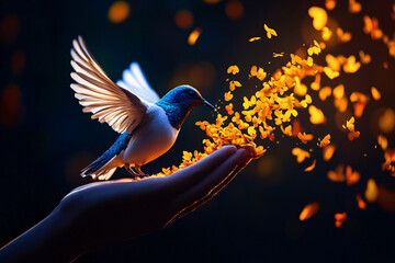 A hand holding a bird with a flower in its beak. The bird is surrounded by petals, and the image has a whimsical and playful mood