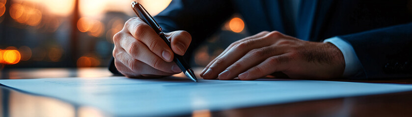 A man is writing on a piece of paper with a pen. Concept of professionalism and focus, as the man is dressed in a suit and he is in a business setting