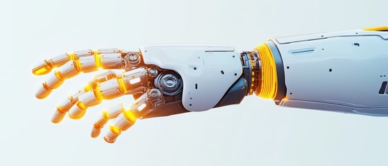 Poster - Futuristic robotic hand showcasing advanced technology and design, with intricate details and glowing elements against a white background.