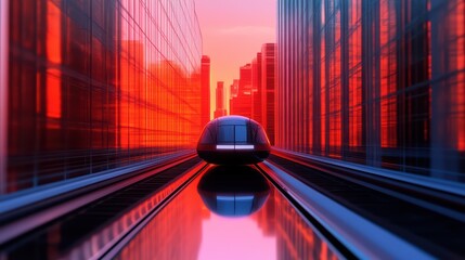 Wall Mural - Futuristic transport system features a sleek vehicle on elevated track surrounded by modern architecture in vibrant red tones.