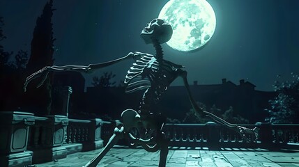 Wall Mural - Skeletal Dancer Haunting the Moonlit Graveyard   Eerie Halloween Concept with Detailed Bones and Shadows