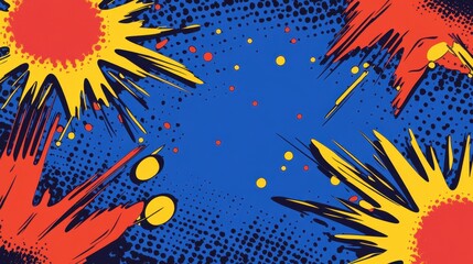 Wall Mural - a vibrant graphic design featuring colorful bursts and dots on a blue background.