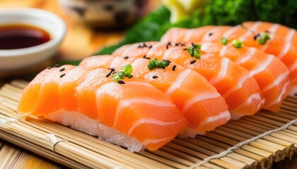 Wall Mural - Close up of salmon nigiri sushi on a bamboo mat with sesame seeds and green onions.