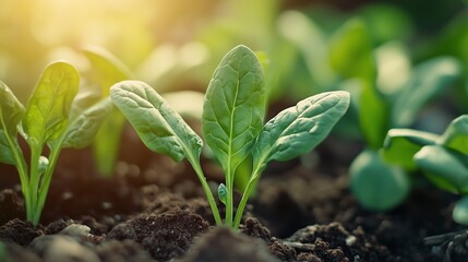 Wall Mural - Young spinach plants emerging from rich soil in a garden during early morning light