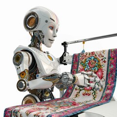 Wall Mural - AI robot using a digital knitting machine, intricate patterns being created, isolated on a white background.