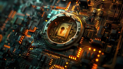 Poster - A digital circuit board with a glowing lock symbol, representing cybersecurity and data protection in a high-tech environment.