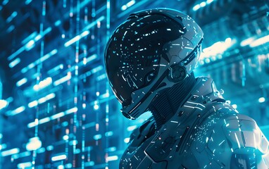 Poster - A futuristic robot with a sleek helmet surrounded by glowing blue lights in a high-tech environment.