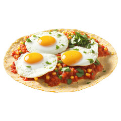 Wall Mural - Huevos rancheros with fried eggs on crispy corn tortillas smothered in salsa roja and topped