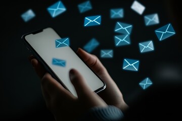 Poster - A businessman is holding a smartphone with a chalk drawing on its screen as he reads or checks his email.