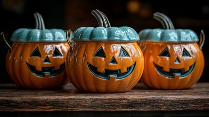 Wall Mural - a lineup of orange pumpkin shaped buckets on a wooden surface