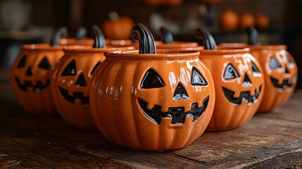 Wall Mural - a lineup of orange pumpkin shaped buckets on a wooden surface