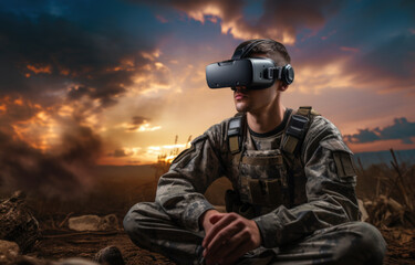 soldier wearing virtual reality glasses. Military and technology concept