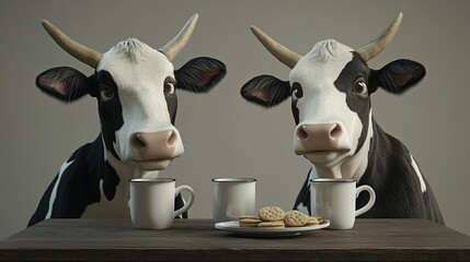 Two cows are sitting at a table with cups and cookies