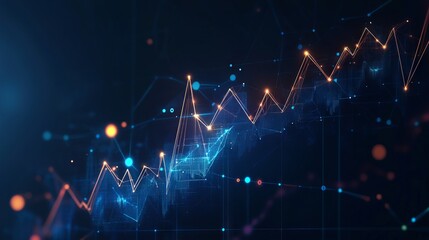 Poster - Growth chart. Business Technological concept. Polygonal abstract science illustration. With dark blue background. Low poly wireframe with lines, dots and glowing particles