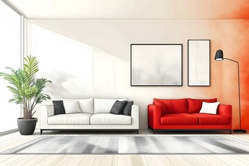 A living room with a white couch and a red couch. There are two potted plants in the room, one on the left side