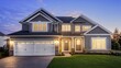 © logitech - beautiful new house at dusk with the windows and front door lit, and the large garage door light on. there is green grass in the yard. the sky is blue, indicating that it may be getting dark outside.