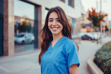 Portrait of a beautiful young nurse. A female doctor smiles at the camera in a blue medical gown. The blurred background of the hospital building.