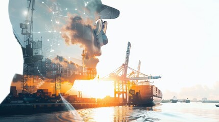 Double exposure photography of engineer man and the business Logistics and transportation of Container Cargo ship and Cargo plane with working crane bridge