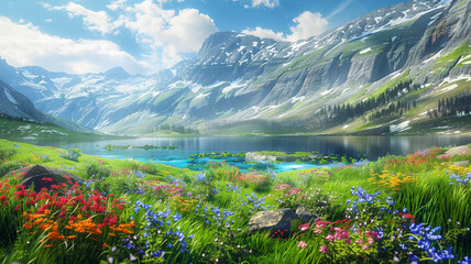 a plateau mountain with vibrant wildflowers and a serene lake