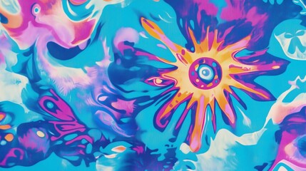 Psychedelic artwork with vibrant colors and abstract patterns symbolizing freedom, peace, and spiritual exploration in hippie culture.