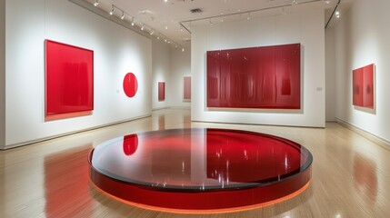 Poster - A captivating art gallery showcasing vibrant red artworks. The minimalist layout invites viewers to reflect. A perfect blend of modern design and artistic expression. AI