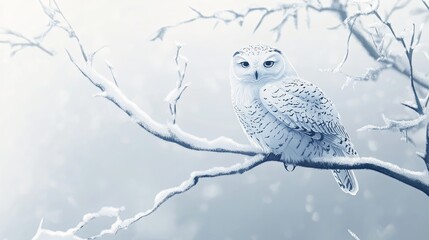 A white owl is perched on a branch in the snow