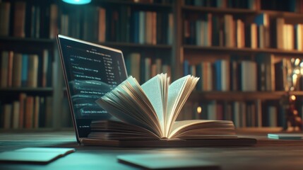 Wall Mural - Open Book and Laptop with Code on Screen in a Library