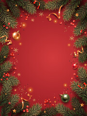 Wall Mural - Vertical banner with gold and green Christmas symbols and text. Tree, balls, golden tinsel confetti and snowflakes on a red background.
