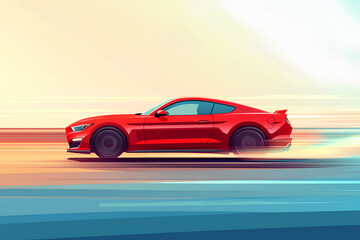 Wall Mural - red car at high speed along the highway blur movement speed, cartoon style, vector, 3d rendering